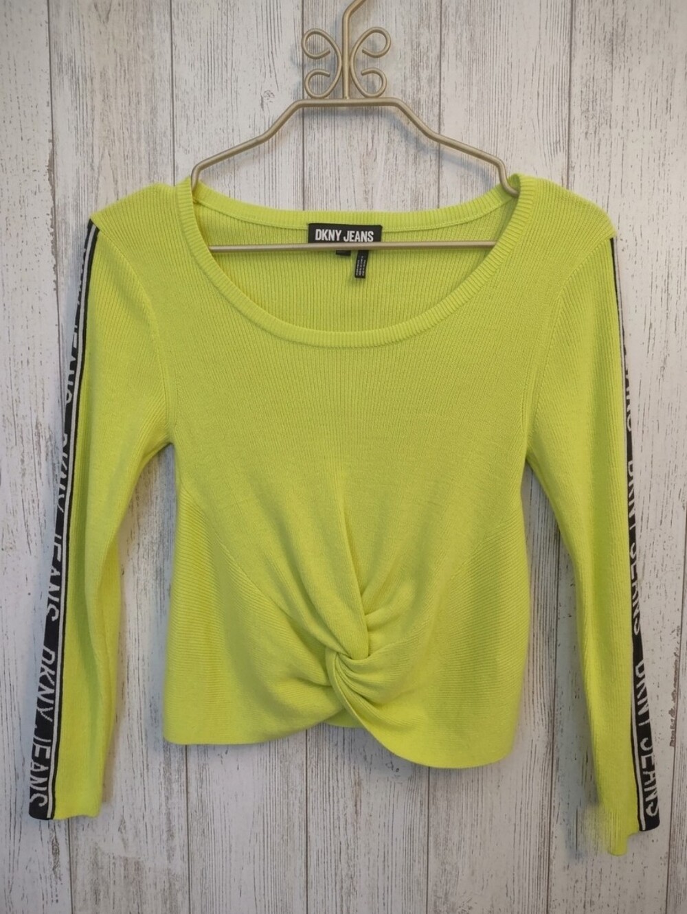 DKNY JEANS Neon Lime Green Twist Front Cropped Knit Sweater Top Small